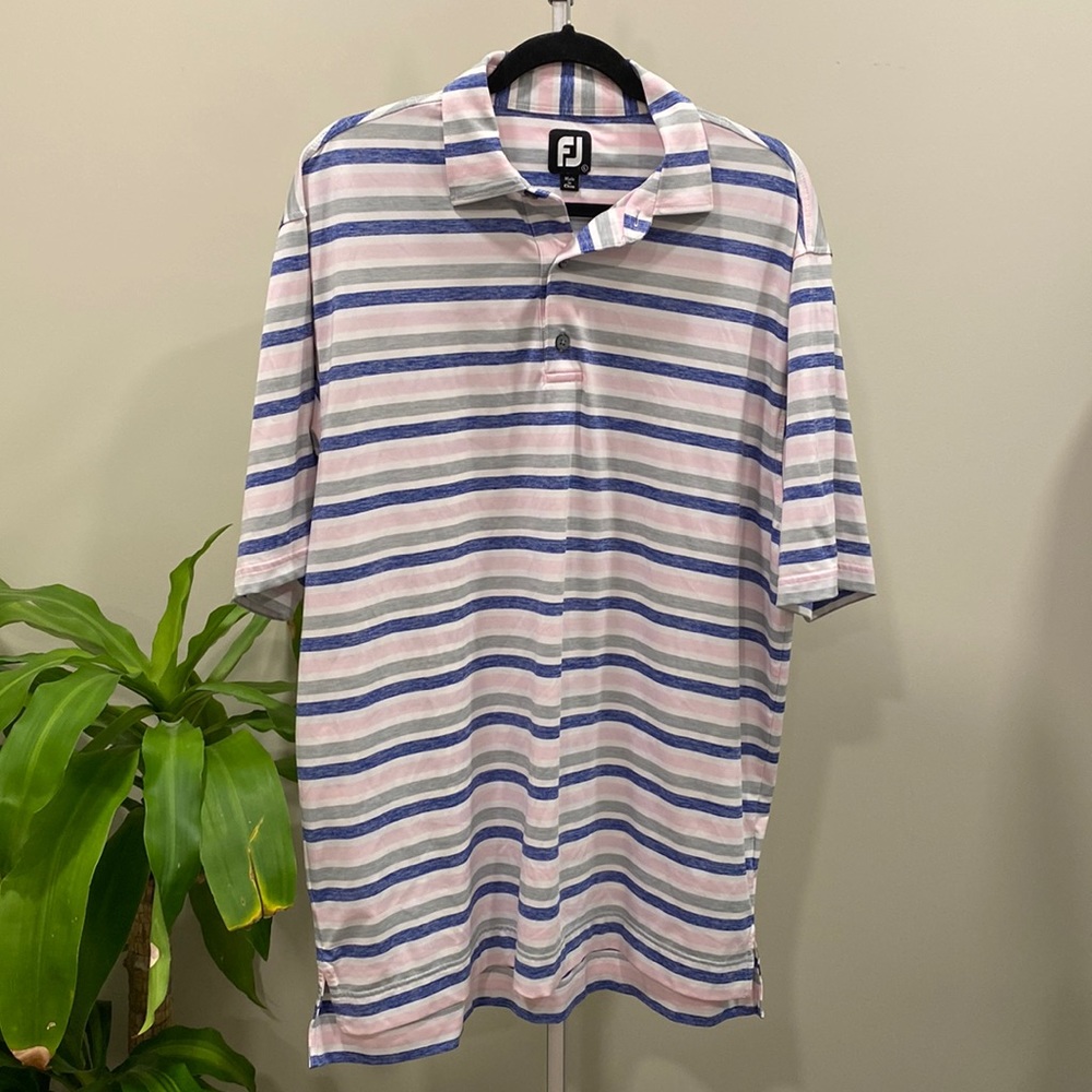 FootJoy Pink Performance Golf Polo with Gray, White, & Blue Stripes